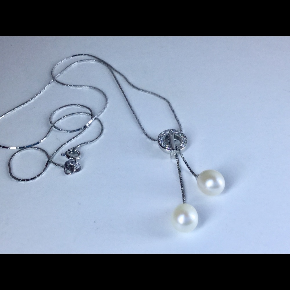 Freswater Pearl CZ Diamond Pendant W/Chain 925SS